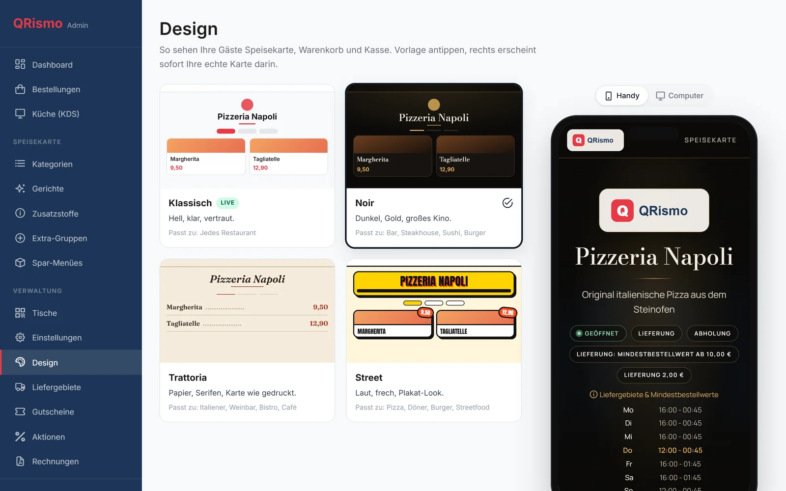 Admin-Bereich: Design auswählen mit Live-Vorschau der eigenen Speisekarte